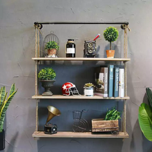 Load image into Gallery viewer, GeilSpace Custom Pipe Shelf - Vintage Wall Hanging Water Pipe Hemp Rope Trapezoid Shelf American Industrial Air Net Coffee, Iron Art Wall Partition Bookshelf