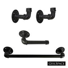 Load image into Gallery viewer, GeilSpace Industrial Pipe Bathroom Set, 4 Piece Kit Includes Robe Hook, Towel Bar and Toilet Paper Holder, Black Painting Finish, Heavy Duty DIY Style