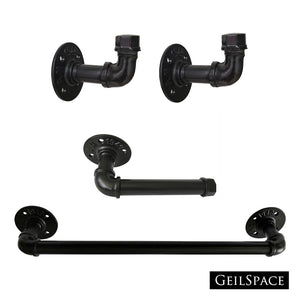 GeilSpace Industrial Pipe Bathroom Set, 4 Piece Kit Includes Robe Hook, Towel Bar and Toilet Paper Holder, Black Painting Finish, Heavy Duty DIY Style