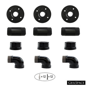 GeilSpace Industrial Coat Hook, Set of 3 - Black Painted, Heavy Duty Wall Mounted, Rustic DIY Style - 3/4" inch Threaded Floor Flanges Fittings and Elbows, Three Floating Hooks Kit