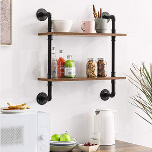 GeilSpace Custom Pipe Shelf - Industrial Wooden Pipe Double-layer Bookshelf Support Fashionable Three-layer Metal Black Pipe Wall Mounted Floating Rack