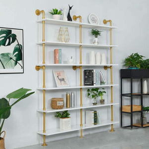 GeilSpace Custom Pipe Shelf - Industrial Gold Pipe Wood Plank Bookshelf Fashionable Metal Pipe Wall Mounted Floating Shelf
