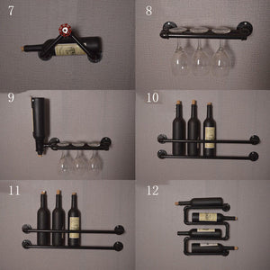 GeilSpace Custom Pipe Shelf - Industrial Creative Wall Assemble Pipe Hanging Wine Rack Black Cast Iron Pipe Fitting Wine Rack
