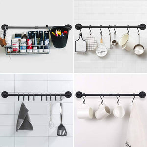 GeilSpace Custom Pipe Furniture -Industrial Pipe Fittings Clothes Drying Rack Wall Mounted Black Metal Towel Rack With Hooks