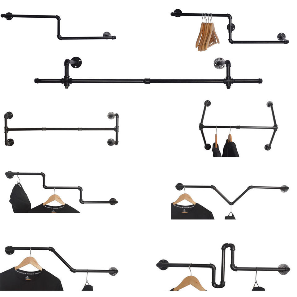 GeilSpace Custom Pipe Furniture -Black Industrial Pipe Rack For Hanging Clothes Wall Clothes Drying Rack