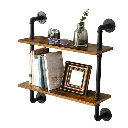 GeilSpace Custom Pipe Shelf - Industrial Wooden Pipe Double-layer Bookshelf Support Fashionable Three-layer Metal Black Pipe Wall Mounted Floating Rack